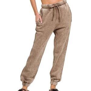 New Zenana Acid Wash Fleece Drawstring Sweatpants Mocha Pockets Joggers New